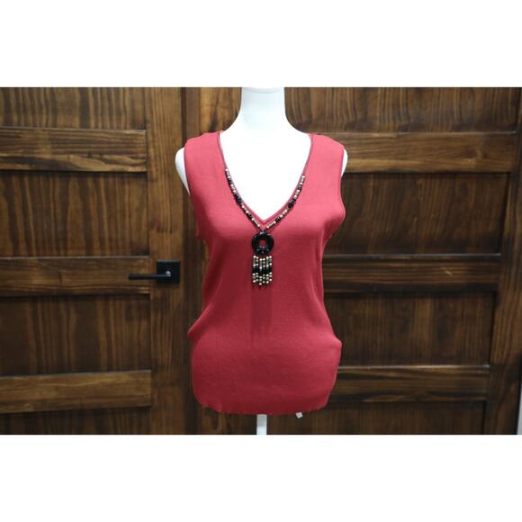 Ruby Rd Shirt Women Large Red Maroon‎ Sleeveless Ribbed Tank With Necklace Boho - Picture 1 of 13